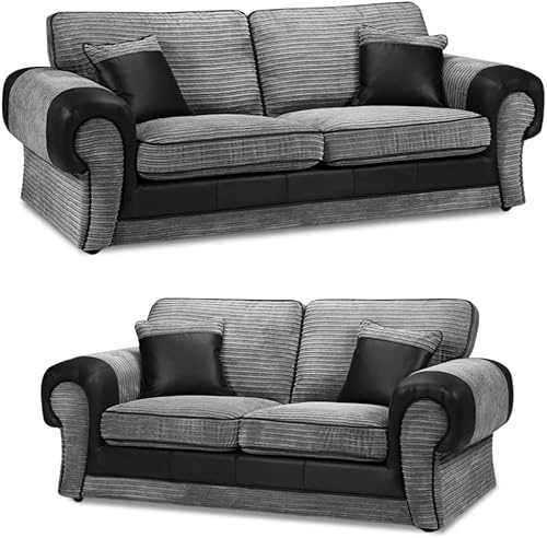 3+2 Seater Sofa Set - Jumbo Cord High Back Cushion Sofas - Comfortable 2 Seater & 3 Seater Living Room Sofa Suite - Dual Arm Corner Lounge Furniture (Grey, 3+2 Seater Set)