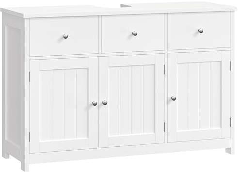 FOREHILL Meuble sous Lavabo 100cm, Meuble de Salle de Bain sous Vasque, Meubles de Salle de Bain Rangement avec 3 Portes 2 Tiroirs sur Pieds 100x30x61cm Blanc