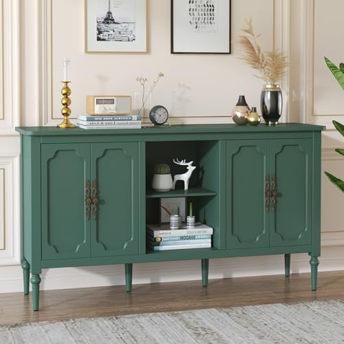 HOLTICO Kommode mit 4 Türen und Offenes Schrank, Vintage Akzent Sideboard Buffet Schrank Holz, Grün Kommoden & Sideboards für Wohnzimmer, Esszimmer, Küche