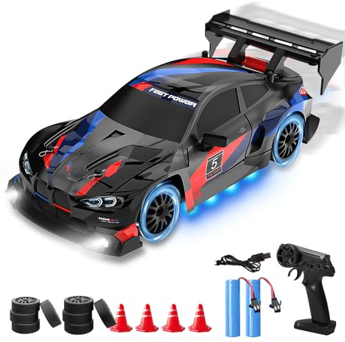 Vmxlso RC Drift Car, 1:24 Remote Control Car, 2.4GHz, 20 KM/h High Speed 4WD, with Cool Lighting, Racing and Drifting Tires, Mini RC Drift car Toy Gifts, for Drifting and Racing, Black