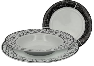 Omniacasa Brill Service de vaisselle noir 18 pièces en porcelaine pour 6 personnes – Moderne et élégant, décor blanc/noir – Lave-vaisselle et micro-ondes, assiettes plates 24 cm, fonds 22 cm, fruits