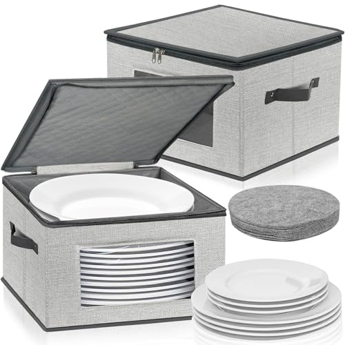 China Storage Containers, 12 Inch Dinner Plate Dish Storage Containers, Hard Shell Quilted Dinnerware Storage Box Case with Lids and Felt Protectors for Dishes Plates Storage and Moving (Light Grey)