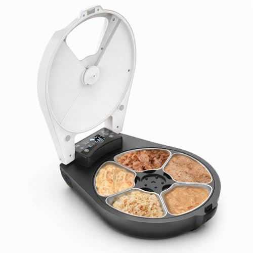 Automatischer Nassfutterautomat mit Halbleiterkühlung für Katzen, Timerfunktion, 5 separaten Futterfächern und waschbarem Edelstahlnapf