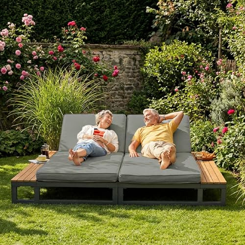 Merax Doppelliege Garten 2 Personen mit Verstellbarer Rückenlehne, Outdoor Daybed mit Regalen, wetterfeste Sonnenliege aus Stahl & WPC, Liegebett für Terrasse, Balkon & Pool, Grau