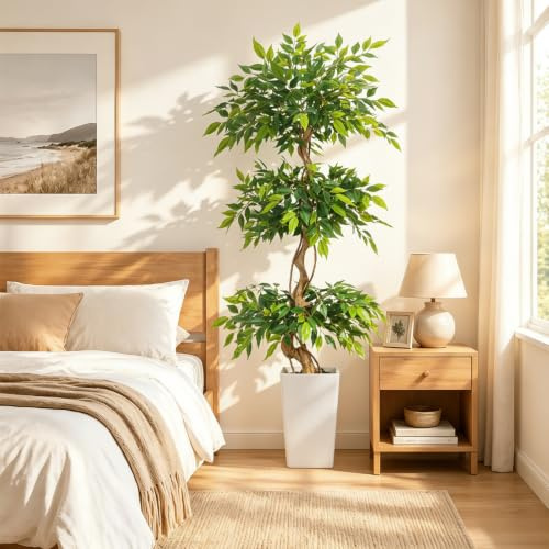 Fairblo 6FT Ficus Artificial Trees with White Pot Tall Faux Plants Indoor | Fake Silk Tree Large Artificial Plants with Curved Tree Trunk and Leaves Faux Ficus Tree for Living Room Balcony Office