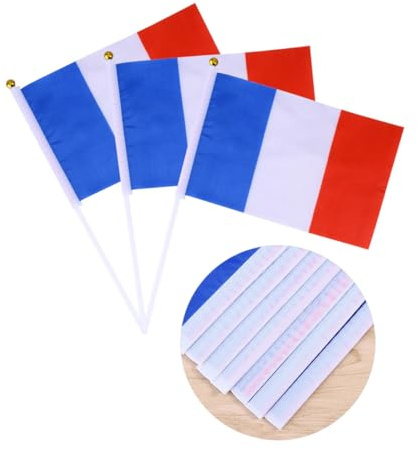 YOSADIER 50 Pezzi Bandiera Francese Piccola Portatile 14x21 Cm Bastone Bianco e Punta Dorata Leggero per Giochi e Progetti Scolastici