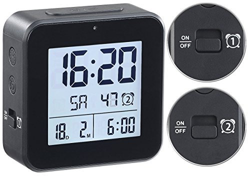 infactory Wecker: Funkwecker mit 2 Weckzeiten, Hygro-/Thermometer & Lichtsensor, schwarz (Wecker Wochenendfunktion, Funkwecker mit Zwei Weckzeiten, Alarmzeiten)