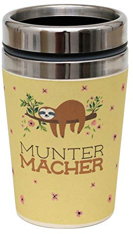 Dekohelden24 Thermobecher/Becher to go, Motiv: Munter-Macher, Maße H/Ø: 13,5 x 8,4 cm, Fassungsvermögen: 240 ml.