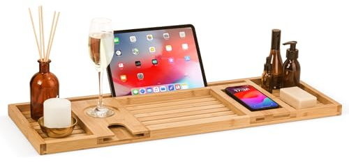 Woodluv Bath Tray Bath Caddy for Bathtub With Slot For iPad, Kindle,Towel, Candle, Phone, Wine Glass Holder or Soap, Bath Table Tray Over tub Bathroom Accessories
