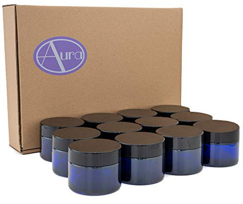 Aura 50ml Blue Glass Jars with Black Lids - Pack of 12