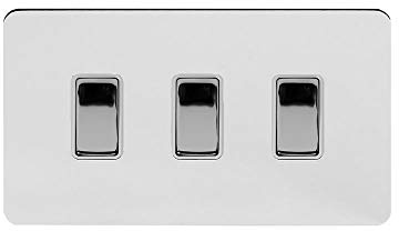Soho Lighting Polished Chrome Flat Plate 10A 3 Gang Light Switch on Double Plate 2 Way Wht Ins Screwless