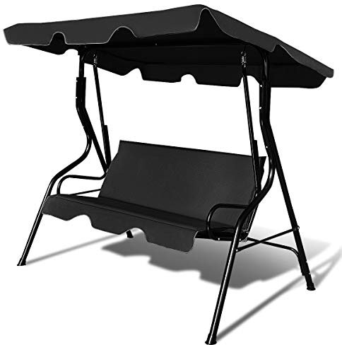 GIANTEX Hollywoodgunga 3-sits, trädgårdsgunga, trädgårdsstol, trädgårdsbänk med soltak och ryggstöd, gungstol, gungbänk, stålram, kan belastas upp till 210 kg, trädgårdsstol, gunga (svart)
