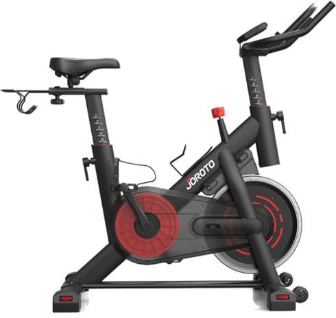 JOROTO Cyclette con app esclusiva, resistenza magnetica 0-100%, ergometro silenzioso per allenamento indoor, con monitor LCD, supporto per tablet e bevande, fino a 120 kg (nero)