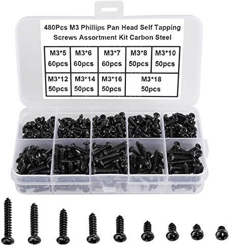 FandWay 480 Stück M3 Kreuzschlitz-Blechschrauben Karbonstahl Rundkopf-Blechschrauben, Holzschrauben Sortiment Set mit Aufbewahrungsbox.(schwarzes Oxid)