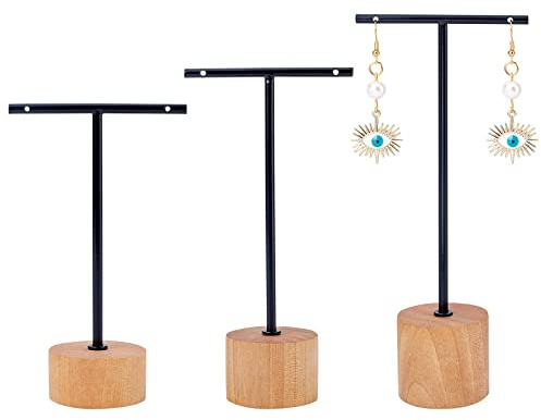 FINGERINSPIRE Présentoir de boucles d'oreilles en T en métal noir 3 pièces avec porte-bijoux en bois Organisateur de bijoux à suspendre【Noir - Base ronde, 14,5 et 12,5 et 10 cm de hauteur】