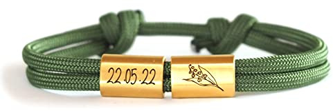 myGreta Geburtsblumen Armband mit Wunschgravur, Geburtsdatum, Blumen, Segeltau Armband, Surferarmband, Edelstahl, Muttertag, Geschenkidee