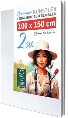 M MERCEO 2 Stück XXL Künstler-Leinwand Set zum Bemalen 100x150 cm – 100% Baumwolle 380 g/m², 2-fach grundiert – stabiler 37mm Keilrahmen für Acryl & Öl