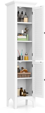 Tangkula 63 Tall Bathroom Storage Cabinet, Freestanding Narrow Linen Tower with Adjustable Shelf, Modern Slim Floor Cabinet with 2 Doors for Bathroom, Living Room, Kitchen (White)