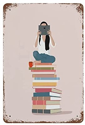 Lsjuee Cartel de chapa de metal Estilo retro Novedad Cartel Pintura de hierro Amante del libro Lámina, Chica Lectura Arte Impresión Decoración de la pared Placas Tamaño 8x12 pulgadas