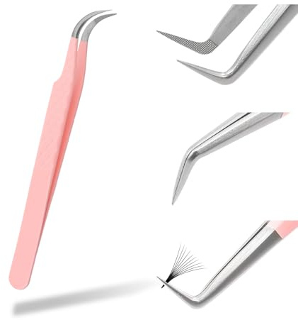 Unabhängige Pinzette Wimpernverlängerung, Rosa Edelstahl Gebogene Spitze Professionelle Wimpern Pinzette Gestreift FADVAN(Biegen mit Kleinem Winkel)