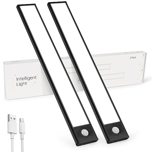 MATEPROX Skåpbelysning, LED med rörelsedetektor, 3 färglägen, dimbar, magnetisk installation, uppladdningsbar underlampa, skåpljuslist för kök, trappa, 2-pack, svart