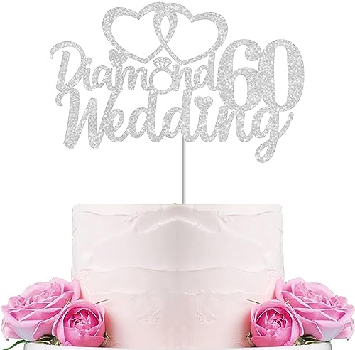 Gidobo 60th Wedding Anniversary Cake Toppers with Heart Cupcake Toppers, Glittery Diamond Weddding Anniversary Heart Cake Decoration for Celebration Party Supplies