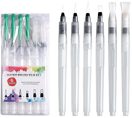 Surakey 6 Stück Wasserpinsel Stifte, Aquarellstifte Auffüllbare Wassertankpinsel Aquarell Wasserpinsel Mit Tank, Aquarell Water Brush Pens Für Wasserfarbenmalerei,Farbmischen Und Kalligraphie (Leer)