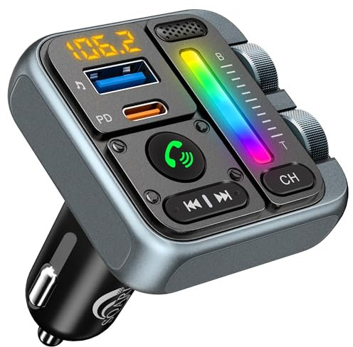 SOARUN Car Bluetooth 5.3 FM Transmitter, Bluetooth Car Adapter 57W PD & USB Car Charger Adapter, Hands-free Calling, Music Player, Bass Treble Lossless Sound, Supports 64G Drive, MT04