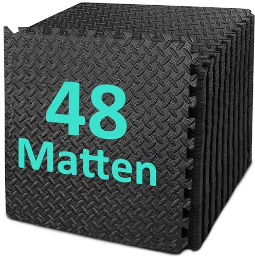Bodenschutzmatte Fitness Set [61 x 61cm], 12/24/48 Puzzlematte, EVA Sportmatte Fitnessmatte Rutschfest, Gymnastikmatte Dicke 10mm, Bodenmatte für Fitnessgerät&Fitnessraum