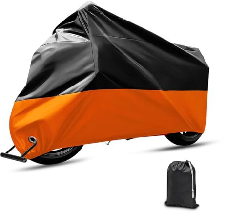 JNNJ Copertura Moto Impermeabile, Universale Impermeabile Moto Telone Copertura, Moto Scooter Anti-Uv Polvere per Esterni, Poliestere Copertura Resistente Polvere per Scooter Motocross(Nero/Arancio)