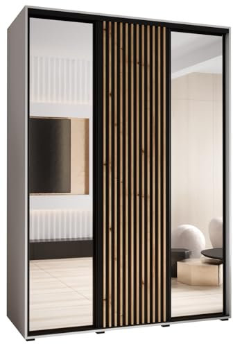 MEBLE KRYSPOL Lanko 2 Schrank mit DREI Schiebetüren mit Spiegel, Stange, Regalen - Moderner Aufbewahrungsschrank für Schlafzimmer, Wohnzimmer - 235,2x170x60 cm - Weiß Schwarz Artisan