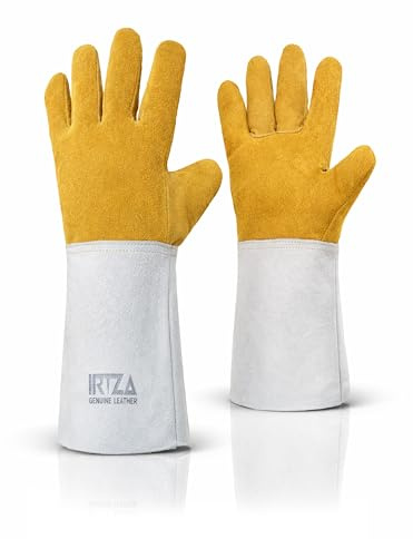 Fire and Heat Resistant Welding Gloves, Oven Gloves with Fingers, Log Burner, Mitts for BBQ, Grill, Wood Stove, Work, Gardening, Thorn Proof Heavy Duty, Men, Large Gauntlets - Genuine Cowhide Leather