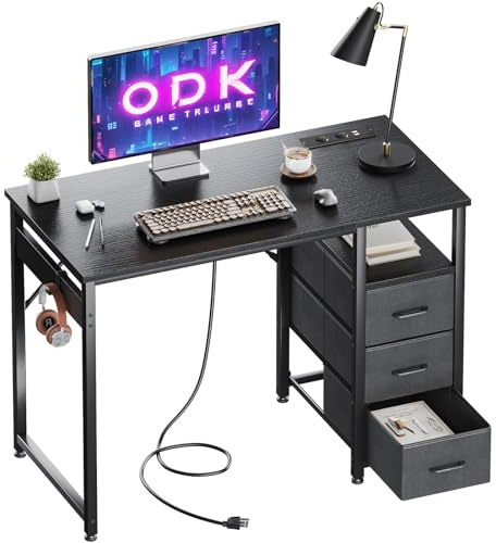 ODK Kleiner Schreibtisch mit 3 Schubladen aus Stoff, Computertisch mit 2 Steckdosen und USB-Anschlüssen, Umkehrbarer PC-Schreibtisch Bürotisch für kleines Home Office(Schwarz, 100x48x75.5cm)