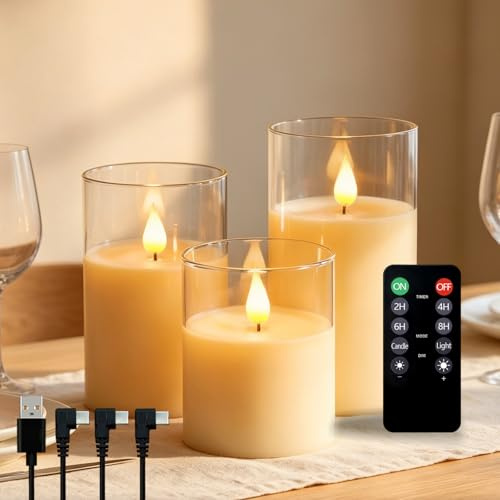 NICE POINT LED Rechargeable Candles with Remote Timer, Real Wax Flameless Candles, Flickering Teardrop Wick, USB Long-Lasting Battery for Indoor Outdoor Home Wedding Christmas Decor (3-Pack)