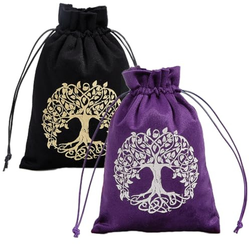 CREATCABIN 2 Bolsa Tarot del Árbol la Vida,Bolsa Almacenamiento para Tarjetas Tarot Terciopelo,Juego Soporte para Runas con Cordones,Embalaje Grande para Cartas Tarot,Dados,18x13cm,Negro Morado