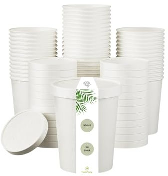 DeinPack 50 Suppenbecher 950ml 32 oz weiß I Suppen-Becher to Go Pappe I 50 Einweg-Becher mit Deckel | Eisbecher