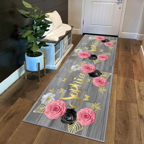 Siunwdiy 3D Teppich Läufer Flur Küche rutschfest Waschbar Mit Blumenmuster 60x160cm Graue Rosa Blumen Küchenläufer Lang Korridor -Teppichläufer Küchenteppich Meterware Anpassbar