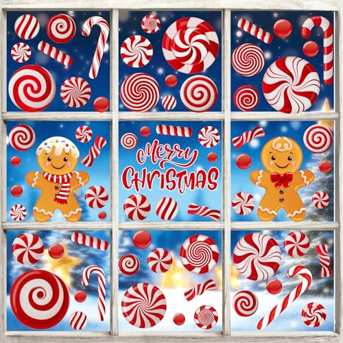 YIHELU Autocollants Fenêtre Noël - Canne à Sucre Menthe Poivrée et Sucre d'Orge - Décoration Fenêtre Adhésive pour Noël - Faciles à Poser et Enlever - Idée Cadeau Fête