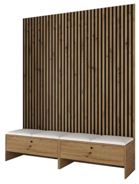 Mirjan24 Garderoben-Set Melire V, Schuhschrank Lamellen Paneel mit 12 Kleiderhaken Gepolstertes Paneel/Wandpaneel Kleiderstange Wandgarderobe Flurgarderobe (Eiche Artisan, Soft 017)
