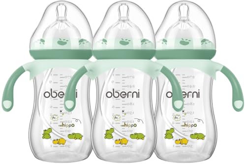 Oberni Anti-Colic Baby Bottle with Size 4 Breast-Like Teat, Non-Slip Handles, Weighted Straw for 12 Months Newborn Babies, 270ml/9oz/Green/3Pack