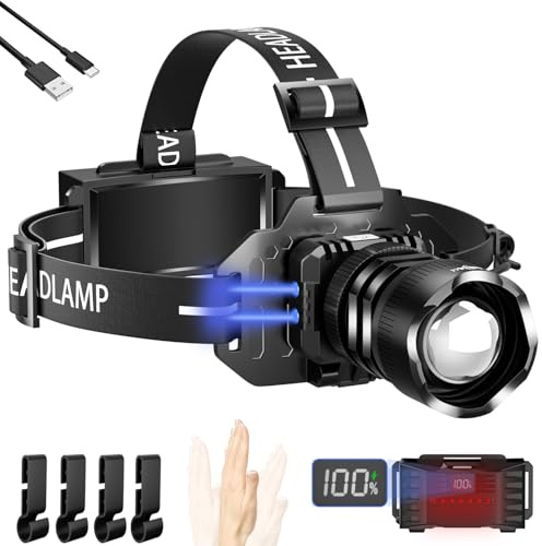 LEKIA Wiederaufladbare Stirnlampe, 90000LM Superhelle Kopflampe, 90° Einstellbare Kopflampe USB C Wiederaufladbare Langanhaltende Zoombare Stirnlampe, 3 Modi LED Stirnlampe für Erwachsene Laufen