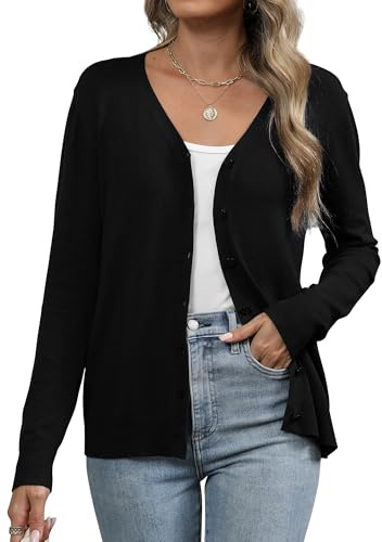 Famrrifuu Gilet Femme Cardigan avec Bouton Col en V Été Printemps Manches Longues Veste Tricot Léger Casual Gilets, Noir, L