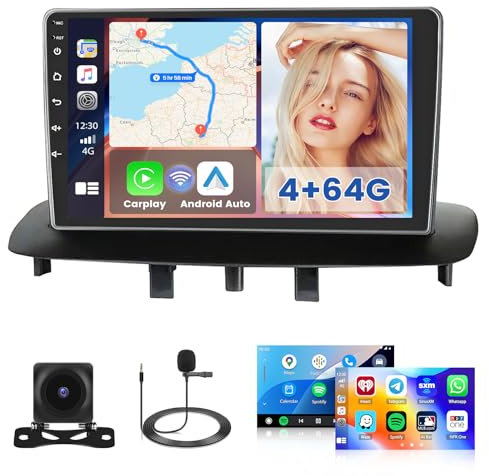 Hikity 4G+64G Autoradio Android 15 per Renault Megane 3 2009-2014 Stereo Auto 2 Din Wireless Carplay Android Auto 9 Pollici Touchscreen con GPS WiFi FM/RDS 32EQ Camera MIC