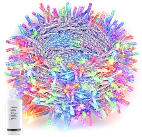 Joomer Guirnalda Luces de Navidad Exterior Pilas, 20M 200LED Luces Arbol Navidad Línea Transparente, 8 Modos Cadena LED Decoracion Navideñas Impermeable para Balcon Jardin Patio, Multicolor