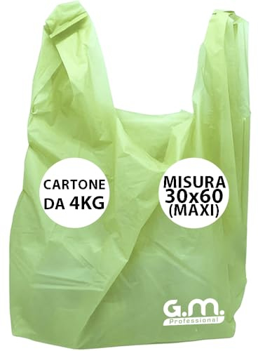 GM - Kg.4 Buste Spesa Biodegradabili con Manico, Mis.30x60, Circa 150 Pezzi a Scatola, Shopper Verde BIO Compostabili Per Alimenti, Sacchetti Extra Resisenti, Buste per Rifiuti Organici (Misura MAXI)