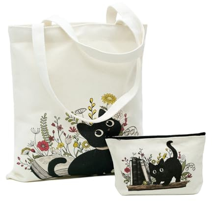 Avezano, Borsa a tracolla in tela con stampa gatto e borsa per il trucco per donne e ragazze, set di borse in tela riutilizzabili con stampa floreale e gatto, estetica, per lo shopping, il lavoro e i