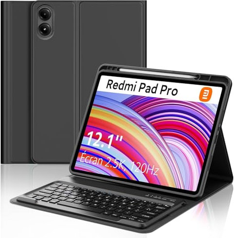 SENGBIRCH Coque Clavier pour Redmi Pad Pro 12.1 2024 - AZERTY Français Clavier Détachable sans Fil Bluetooth, Étui avec Fente pour Stylo pour Xiaomi Redmi Pad Pro 12.1, Noir