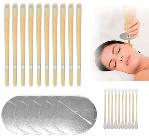 Ear Candles Wax Removal, Hopi Ear Candles, Non Toxic Cylinder Hollow Cone Beeswax Candle Cones, for Unclogging Clogged Ears, with 10 Ears Candle, 5 Protective Disks,10 Cotton Swab