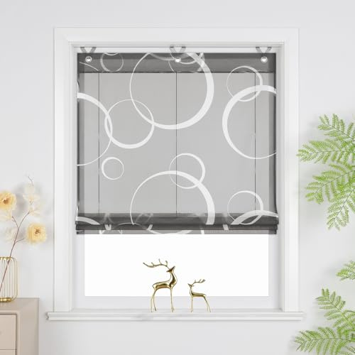 Joyswahl Raffrollo ohne Bohren Lichtdurchlässig Raffgardinen Grau 130x120 | Voile Ösenrollo mit Hakenaufhängung, Fenster Vorhänge für Fenster mit Ösen, Wohnzimmer, 1 Stück, Fensterrollo innen modern