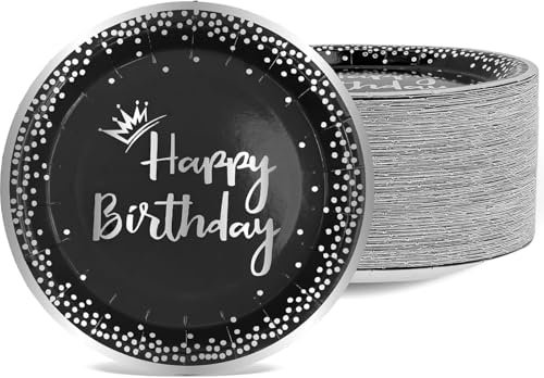 MALLOOM 100 Assiettes en Papier Noires et Argentées pour Fête – Assiettes à Dessert Jetables de 18 cm avec Pois Métallisés – Assiettes Joyeux Anniversaire pour Décoration de Fête